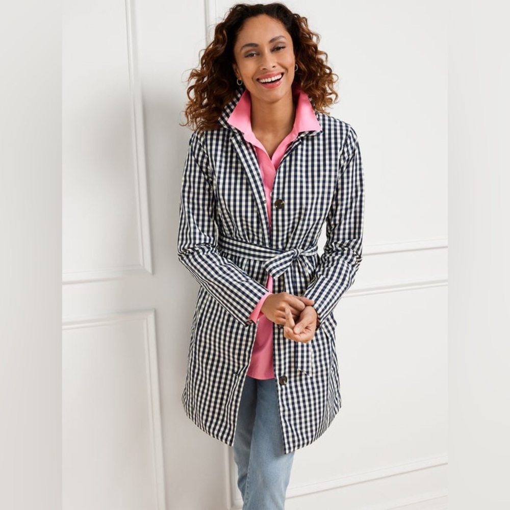 Women’s Talbots Petite Black & White Gingham Belted Mac Coat Like New sz 12P